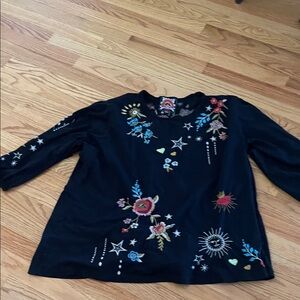 Johnny Was Black Top with Colorful Embroidery